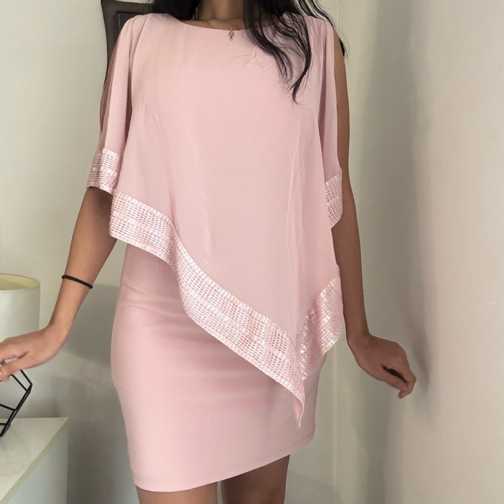 SLNY Rose Blush One-Shoulder Overlay Dress with Sequin Trim